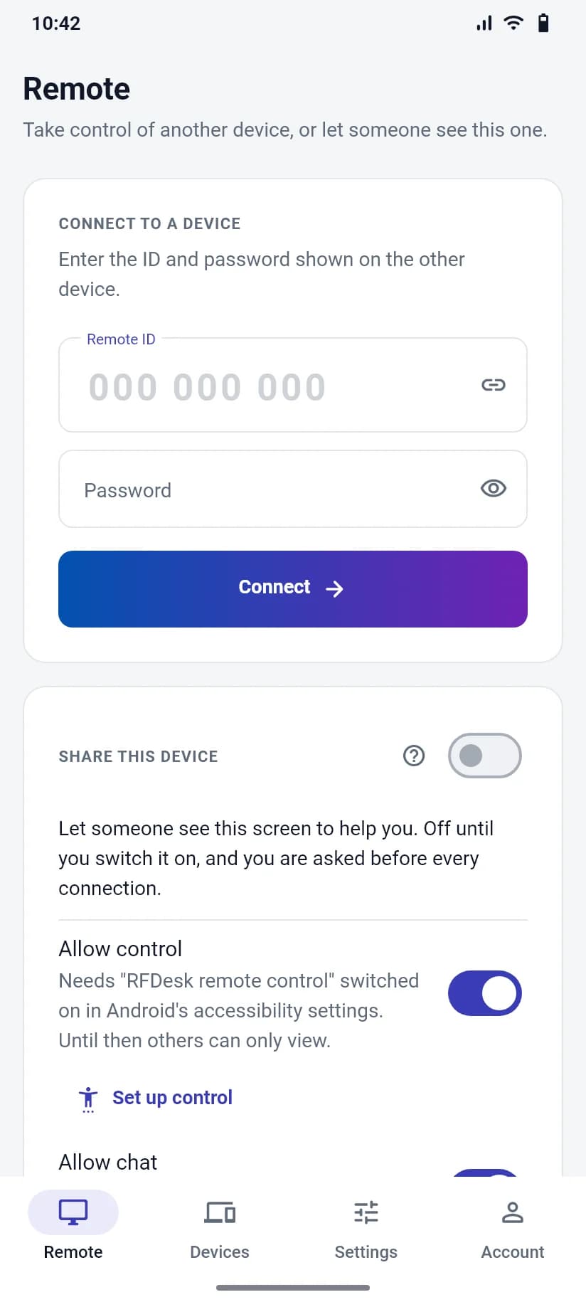 The RFDesk app for Android on its Remote tab: a box for the remote ID and password with a Connect button, and the Share this device switch below.