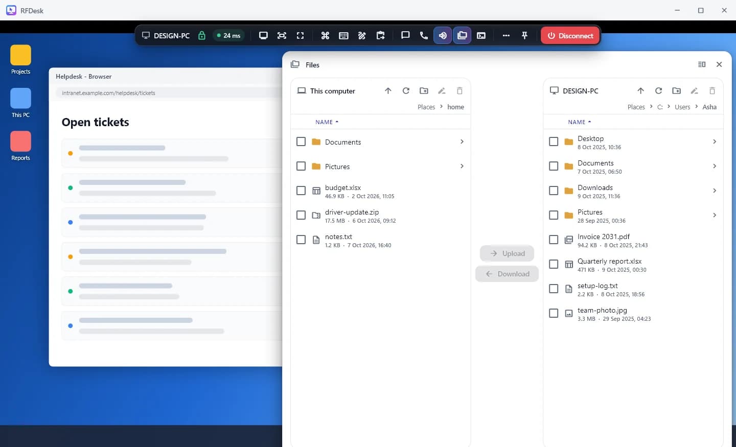 The RFDesk file manager in a session: this computer's folders on the left, the remote computer's folders on the right, with Upload and Download buttons between them.