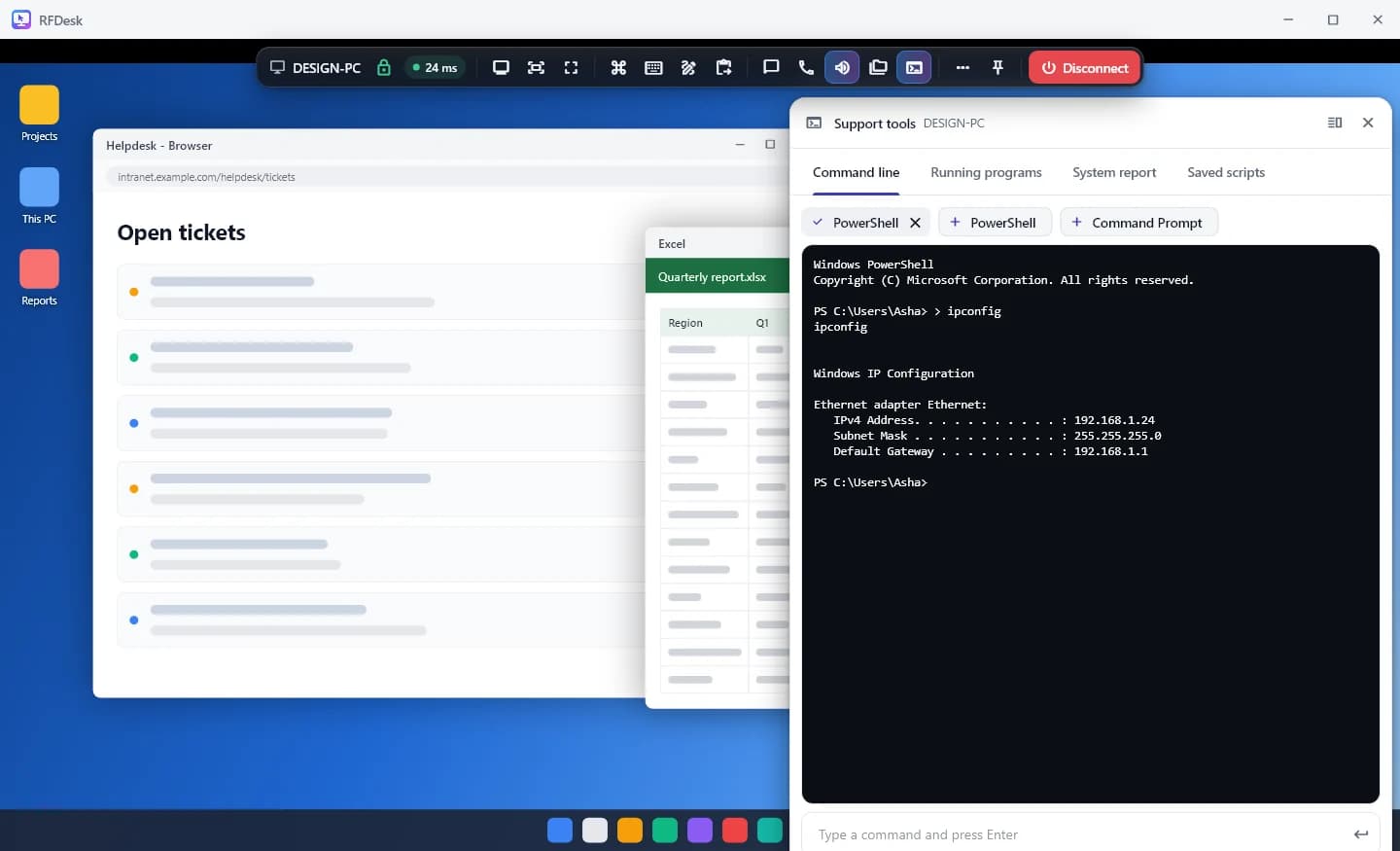 The Support tools panel of an RFDesk session: a PowerShell command line on the remote computer, with tabs for running programs, system report and saved scripts.