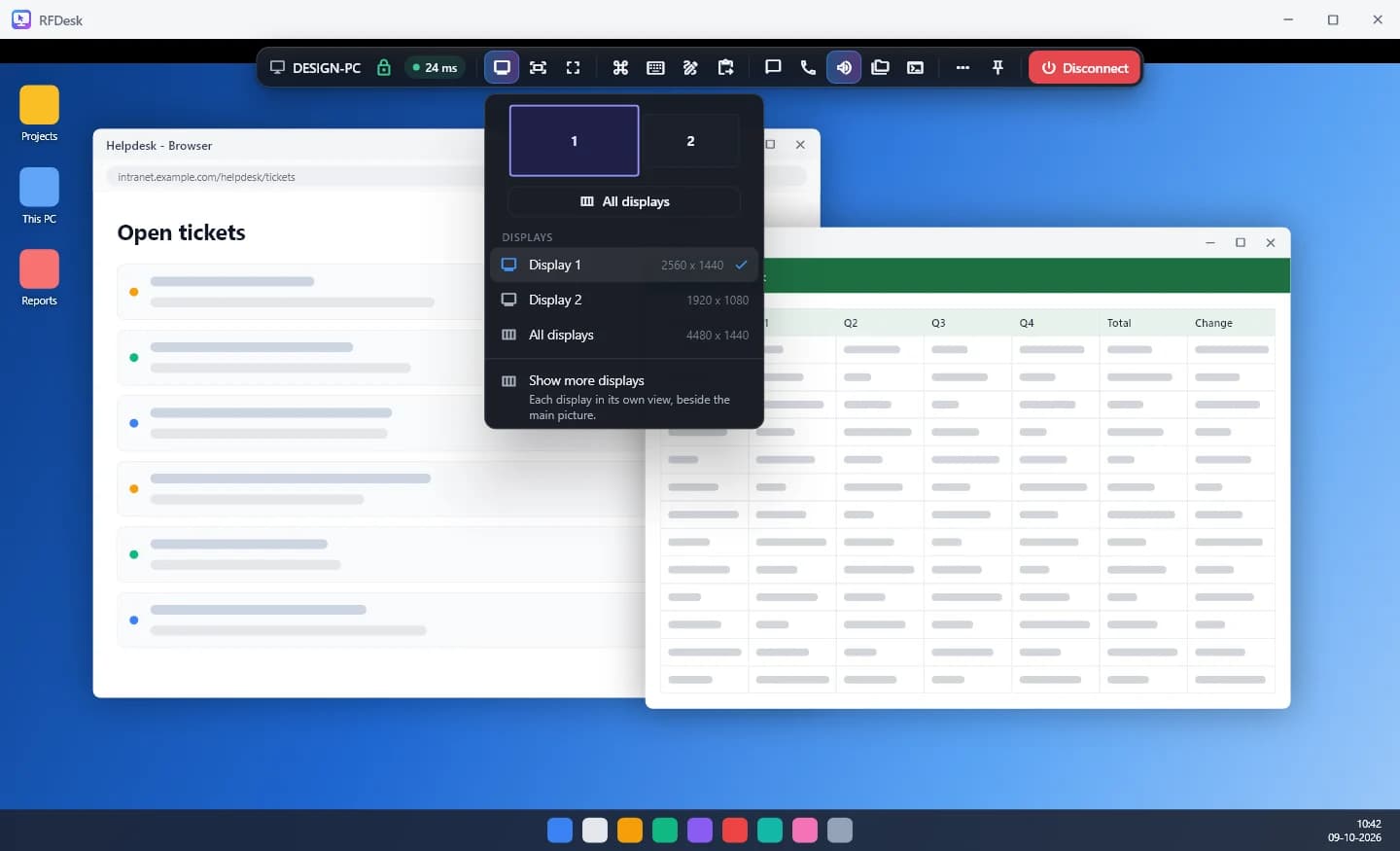 The display picker of the RFDesk viewer: Display 1, Display 2 and All displays with their resolutions, and an option to show more displays.